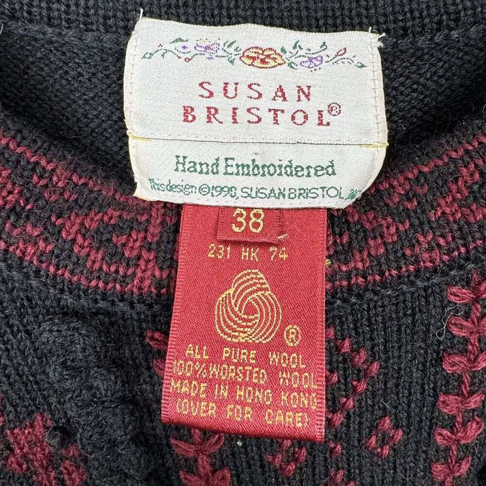 Vintage Susan Bristol Hand Embroidered Sweater Womens Med/EU 38 Black Red Wool - Picture 10 of 14